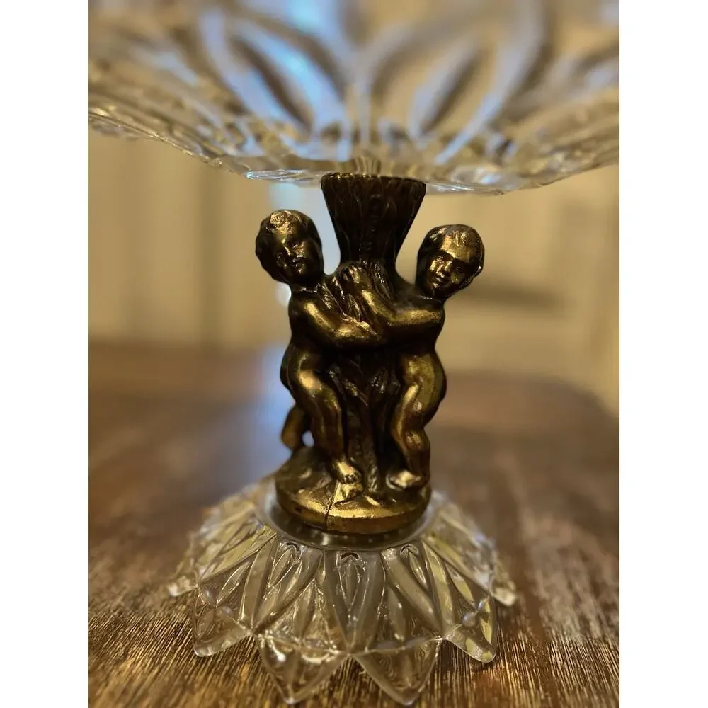 Vintage 13” Pressed Glass Cherub Pedestal Compote Fruit Bowl Hollywood Regency